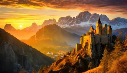 At the foothills of towering mountains, a majestic castle stands perched on a steep incline, silhouetted against the backdrop of a breathtaking sunset. The landscape is imbued with drama and grandeur  - obrazy, fototapety, plakaty