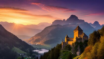 At the foothills of towering mountains, a majestic castle stands perched on a steep incline, silhouetted against the backdrop of a breathtaking sunset. The landscape is imbued with drama and grandeur  - obrazy, fototapety, plakaty