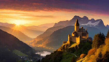 At the foothills of towering mountains, a majestic castle stands perched on a steep incline, silhouetted against the backdrop of a breathtaking sunset. The landscape is imbued with drama and grandeur 