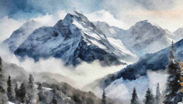  In a stunning watercolor depiction, snowy mountains emerge amidst a big snowstorm, their peaks shrouded in swirling flakes of white. With sharp focus and meticulous detail, the studio artwork capture