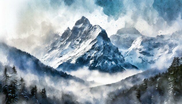  In a stunning watercolor depiction, snowy mountains emerge amidst a big snowstorm, their peaks shrouded in swirling flakes of white. With sharp focus and meticulous detail, the studio artwork capture