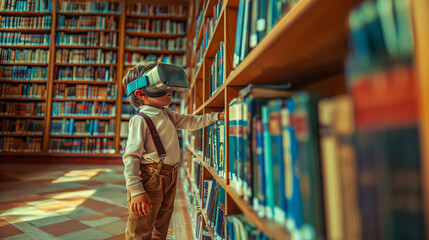 The portrait of a young smart boy using a VR headset while standing in the library surrounded by shelves full of books, utilizing modern technology in school education - obrazy, fototapety, plakaty