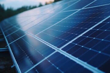 Close-up of solar cell farm eco-technology, landscape of photovoltaic panels in power plant