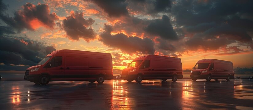 Delivery logistic white vans in a row parking in the rays of sunset landscape. AI generated image