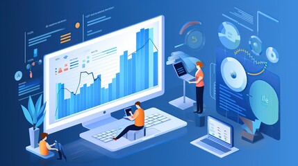 Illustration of Business environment in isometric view. Online trading digital technology. Financial application. Laptop with graphics.