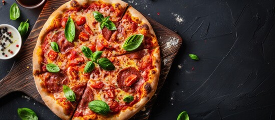 Close up a delicious homemade pizza with ingredients on wooden board background. AI generated image