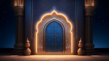 3D rendering of an Arabic door in the night. - obrazy, fototapety, plakaty