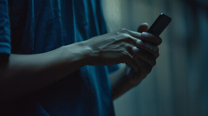 A close-up of a hand holding a smartphone in a dimly lit room, with a focus on the phone screen and the glow it casts on the fingers.