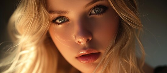 Fototapeta premium Portrait of a Beautiful Woman with Long Blonde Hair and Blue Eyes Looking Away in a Dreamy Expression