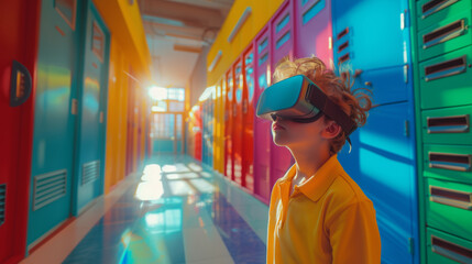 Obraz premium Portrait of a young, charming schoolboy with a VR headset on his head while standing in the school hallway with colorful lockers, education with modern technologies.
