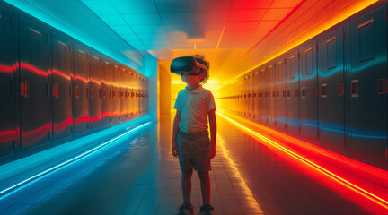 .Portrait of a young, charming schoolboy wearing a VR headset while surrounded by colorful lockers illuminated by neon blue and orange lights, education with modern technologies.