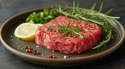 Fototapeta premium a raw steak on a Plate well decorated as a product photo