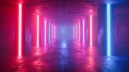Papier Peint photo Tailler Neon journey through space and time: A corridor of lights and shapes, guiding the way through a futuristic landscape of innovation and imagination
