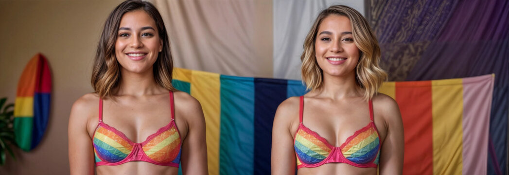 two girls in rainbow bikini standing against rainbow flag