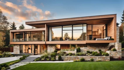 Foto op Canvas A modern home with wood and stone accents, large windows, and a landscaped garden.generative AI © Zohaib