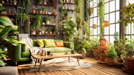 A warm and inviting living room adorned with lush green plants, creating a cozy and tranquil atmosphere perfect for relaxation and unwinding in the evening.