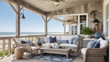 A coastal home with weathered siding, nautical accents, and beachside veranda. generative AI