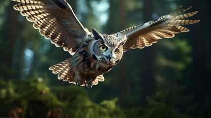 Obraz premium Owls fly to observe prey from above the forest