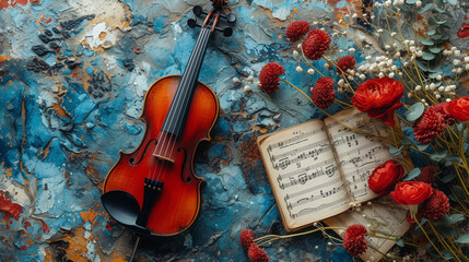  Violin with sheet music and pink rose on blue grunge  background - obrazy, fototapety, plakaty