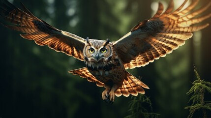 Obraz premium Owls fly to observe prey from above the forest