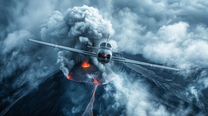 Fototapeta premium Small airplane approaches, single propeller, amidst swirling smoke, backdrop of erupting volcano.generative ai
