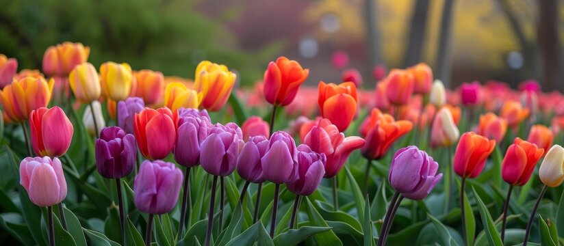 Vibrant field of blooming multicolored tulips under clear blue sky
