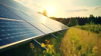 Tuinposter Solar cell farm power plant - close-up of photovoltaic panels in a sustainable energy landscape © Ksenia Belyaeva