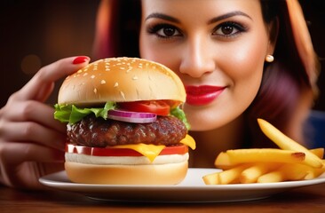 Smiling woman eating tasty fresh burger in restaurant. Cheeseburger with large appetizing meat patty, tomatoes, onions, cheese and fresh  lettuce. Classic hamburger and French fries