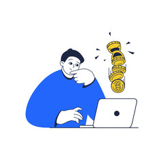 Illustration of a flat-style man looking at time to money. Financial vector artwork to passive income. Vector business illustration, a man in a blue sweater with a laptop.