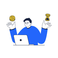 Illustration of a flat-style man choosing time or money. Financial vector artwork to passive income. Vector business illustration, a man in a blue sweater with a laptop.