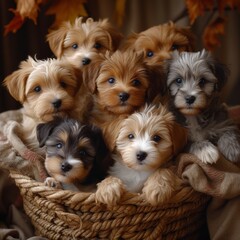 An adorable group of puppies, each with expressive eyes, cuddled together in a cozy basket, representing warmth and companionship. 