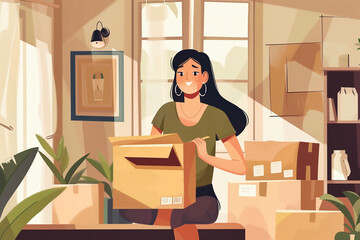 Woman moving into new house. Young girl unpacking boxes. Vector illustration in flat style
