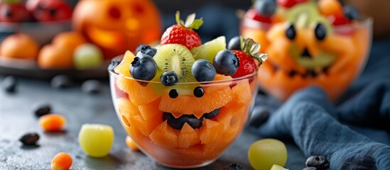 A whimsical glass filled with colorful fruit and topped with a playful face