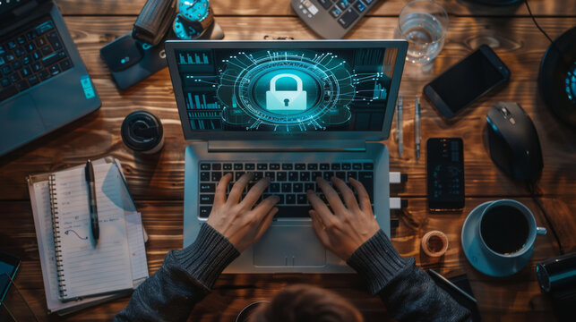 A person typing on a laptop with a digital image of a blue padlock on the screen, symbolizing cybersecurity, with a cup of hot coffee next to the laptop on a wooden desk.