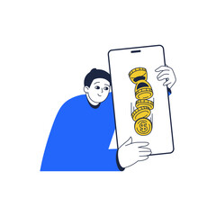 Financial vector artwork to passive income. Vector business illustration, a man in a blue sweater with a smartphone. Illustration of a flat-style man looking at time to money. 
