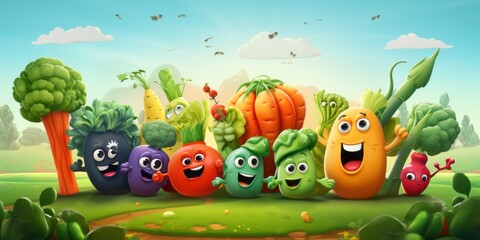 create a vegetable illustration hero page for UX, UI landing page, carton style vegetable carrot, potato, cucumber, tomato, cauliflower with eyes, 3D oily UX, UI interface, highly detailed, eye catchi