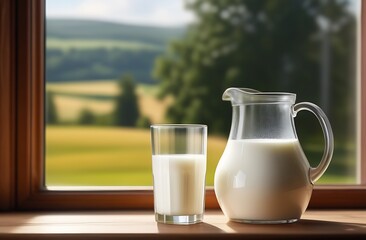 Rural still life. A jug and a glass of fresh milk by the window against the background of a summer landscape. Transparent glass decanter with milk on the windowsill