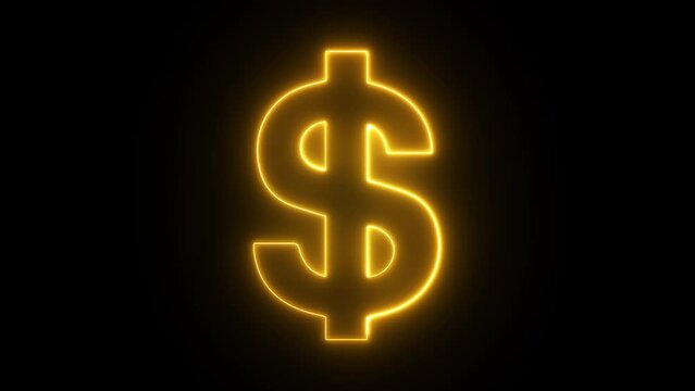 Neon dollar icon animation. Dollar Sign Green Neon Light on black background.  Dollar shape, Neon Light. 4k video.
