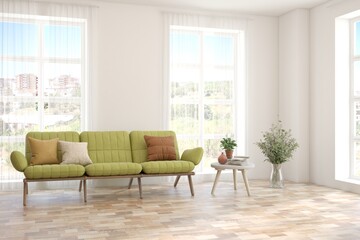Fototapeta premium White living room with sofa and summer landscape in window. Scandinavian interior design. 3D illustration