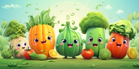 create a vegetable illustration hero page for UX, UI landing page, carton style vegetable carrot, potato, cucumber, tomato, cauliflower with eyes, 3D oily UX, UI interface, highly detailed, eye catchi