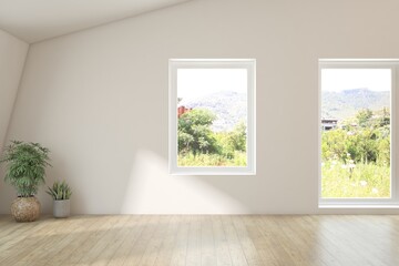 White empty room with summer landscape in window. Scandinavian interior design. 3D illustration