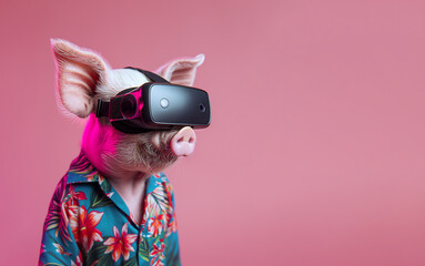 Portrait of an irresistible funny pig in a crazy Hawaiian shirt while using a VR headset on its head, standing in front of a solid soft pink background, modern technology available to all. - obrazy, fototapety, plakaty