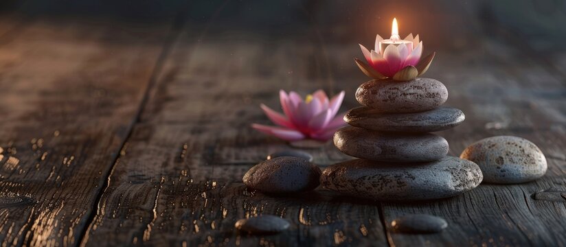Decoration of stack zen stones with candle and lotus flower on blur background. AI generated image