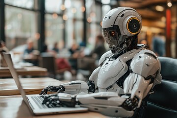 Android robot working on a laptop while sitting in a chair at a table in a public place