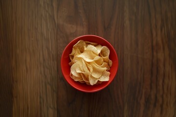 Top View of Crisp Potato Chips in Red Bowl on Wooden Table