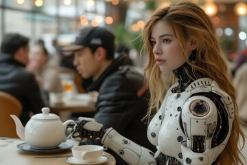 Fototapeta na wymiar Robotic biomechanical cyborg android girl drinks tea in a cafe on a blurred background with other visitors