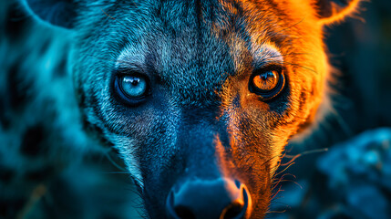 Close-up portrait of a hyena in neon light, selective focus 