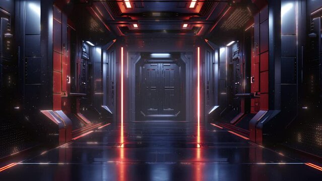 Blue neon lights highlight the vertical neon and intricate patterns around corridor room. Seamless loop animation render