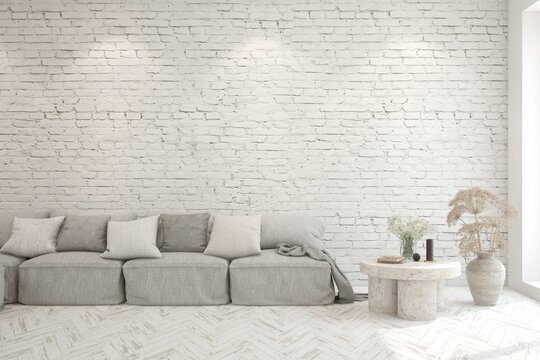 Modern minimalist interior with sofa on empty white color brick wall background. Interior mockup. Scandinavian interior design. 3D illustration