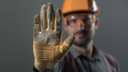 close-up of a worker in safety gear extending a gloved hand in a stop gesture.